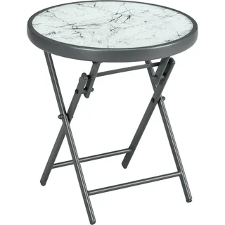 Outsunny Beistelltisch klappbar, Klapptisch aus Glas mit Marmoroptik, kleiner Campingtisch, runder Sofatisch Balkontisch für Balkon Terrasse Wohnzimmer Büro, 45 x 45 x 50 cm, Weiß   Aosom