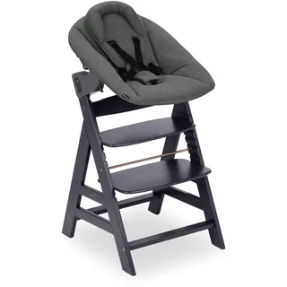 hauck Alpha Newborn Set Plus, Dark Grey - Babystuhl mit Premium Neugeborenenaufsatz ab Geburt, Mitwachsender Holzhochstuhl bis 90 kg Inklusive 5-Punkt-Gurt, Schrittgurt & Schutzbügel