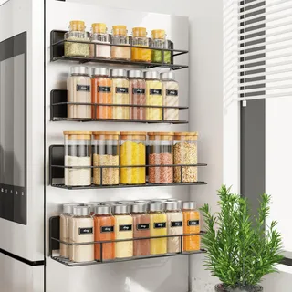 Golden Bell Magnetisches Gewürzregal ohne Bohren für Kühlschrank, 4er Pack Gewürzhalter Schwarz aus Metall in 2 Größen, Platzsparender Küchenorganizer Gewürzständer, Küchenregal Ordnungssystem