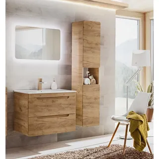 Fun Möbel Badmöbel-Set FERMO Gold-Eiche inkl. Waschtisch 60cm oder 80cm, (Set, 3-St., Unterschrank inkl. Keramikbecken, LED-Spiegel, Hängeschrank), Schubladen und Türen mit Soft-Close-System