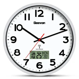 Geevon DCF Wanduhr ohne Tickgeräusche, 12 Zoll Funkuhr mit Temperaturanzeige Wanduhren, Funkuhren, Digitale Funkwanduhr, Funk Küchenuhren Wohnzimmer Uhr, Wand Küchenuhr, Funkwanduhr Seiko Lautlos