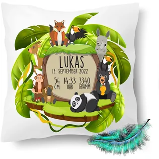 Personalisierbares Kissen zur Geburt für Jungen und Mädchen, Geburtskissen mit Namen, Geschenk, bedrucktes Dschungel Kissen | Dekokissen, Zierkissen, Taufe | Kuschelkissen 40X40 (ohne Kissenfüllung)