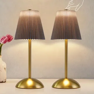 Nachttischlampe 2er Set Tischlampe Akku - LED Tischleuchte Kabellos Dimmbar | Touch Schlafzimmerlampe mit USB Stoff Lampenschirm Modern Design Nachttischleuchte für Schlafzimmer Küche