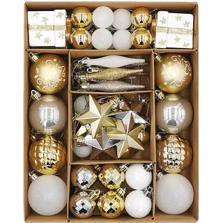 SVNVIOZ 58 Stück Weihnachtskugeln Set Gold Weiß, Christbaumkugeln Kunststoff Deko Weihnachten, Weihnachtsbaumschmuck mit Aufhänger, Weihnachtsbaumkugeln für Weihnachtsdeko Innen Aussen