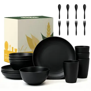 Wrova Plastik Geschirrset Schwarz Wiederverwendbar Geschirr Set 4 Person 20-Teiliges Tellern und Schalen mit Gabeln und Löffel Set Leicht Teller Set für Küche, Camping, Schule Spülmaschinenfest
