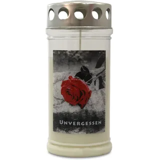 Jeka 20er Set Gedenkkerzen Grablichter Rose auf Stein - Unvergessen ca. 75 x 170 mm, extralange Brenndauer, Dauerbrenner 70-90 h, Grabkerze, Grableuchte, Grablaterne, Grabschmuck, Trauerlicht