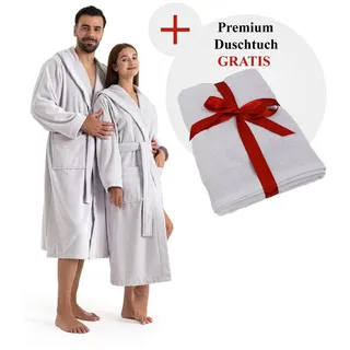 OTTO home Unisex-Bademantel Fenya, 330 g/m2, Premium, Hotelbademantel, Morgenmantel, Sauna & Spa, Langform, Veloursfrottier, Kapuze, Gürtel, Reißverschlusstaschen, weich mit GRATIS-Zugabe: 1x Duschtuch 70x140 cm grau S | 120 cm