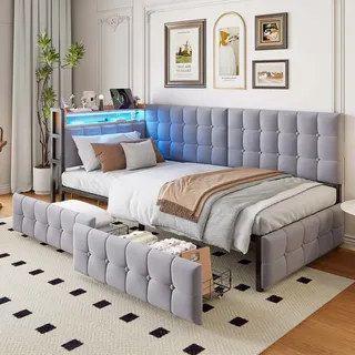 Merax Tagesbett Kinderbett 90x200 cm, Polster-Schlafsofa mit LED, 2 Schubladen & USB-/Typ-C-Anschluss, Einzelbett aus Samt für Jugendzimmer, Hellgrau - Hellgrau