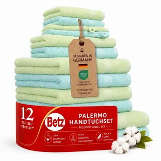 Betz 12-TLG. Handtuch-Set Palermo 100% Baumwolle 2 Liegetücher 4 Handtücher 2 Gästetücher 2 Seiftücher 2 Waschhandschuhe Farbe türkis und grün