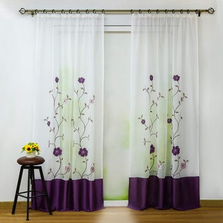 Joyswahl Voile Gardine transparenter Vorhang mit Bestickerei Blumen »Rose« Schals Fenster Vorhänge BxH 140x245cm Violett mit Kräuselband 2 Stück