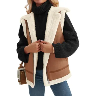 XIAOKS Gefütterte Damen-Lederweste, Herbst-Winter-Reißverschluss, ärmelloser Mantel mit Taschen - XL