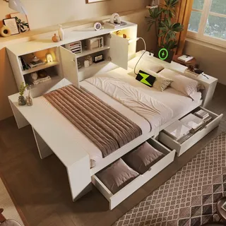 STILVORA Stauraumbett 140x200 cm mit Schubladen und Stauraum, Tagesbett mit Doppeltüren aus Holz und USB/USB-C Anschlüssen, Jugendbett platzspare... - Weiß