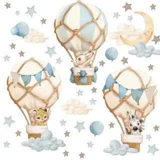 Wally Fox - Wandsticker Kinderzimmer - Wanddeko, Wandsticker - Tiere in Luftballons, Blau, Sterne, Mond, Heißluftballons - 46 STK