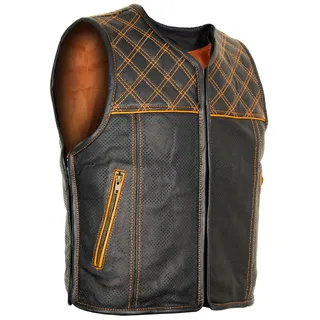 MDM Lederweste Herren Lederweste Hunter Club Kutte Schwarz Orange, perforiertem Leder (Biker Lederweste Herren, Clubkutte, Motorradweste, perforiertes Leder) Biker Lederweste perforiert, Steppmuster, Clubkutte, erweiterbar M