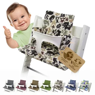 BambiniWelt Ersatzbezug Tripp Trapp – Sitzkissen-Set kompatibel, Stokke Hochstuhl, extra weich, waschbar & langlebig, 2-teiliges Kissen - Klettverschluss, Farbe: beige braun Tiere