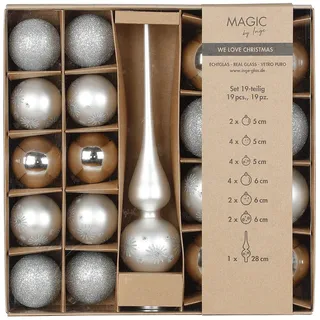 Holly & Jolly Weihnachtsbaumkugel, Weihnachtskugeln Glas 5-6cm mit Spitze 19er Set - Frosty Silver silberfarben