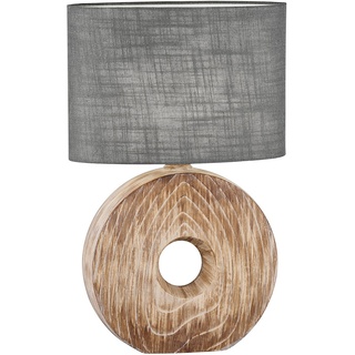 Tischleuchte Tischlampe Nachttischleuchte Beistelllampe Wohnzimmerlampe, Keramik Holzfarben braun Stoffschirm grau, E27, H 53 cm