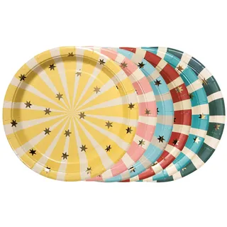 partydeco Teller, Pappteller 18cm mit Streifen und Sternen 6er Set Farbmix / Gold bunt