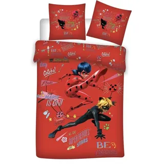 Aymax Miraculous Ladybug & Cat Noir Kinder Bettwäsche 135-140x200 cm, 2-teilig aus 100% Baumwolle, Kissen 65x65 cm, rote Bettwäsche