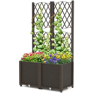 HOMASIS Blumenkasten mit Rankgitter, Pflanzenkasten mit Spalier & Selbstbewässerung, Pflanzkübel Gartenspalier für Kletterpflanzen, Rankkasten Hochbeet für Balkon Garten Terrasse (Braun, 80x40x140cm)