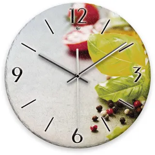 Kreative Feder Wanduhr „Tomate & Basilikum“ aus Stein (Keramik) in Schiefer-Optik; Durchmesser 30cm; mit leisem Uhrwerk (Tomate & Basilikum, leises Funkuhrwerk)