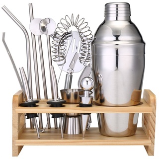 Cocktail Shaker Mixer Drink Bartender Martini Tools Bar Set Kit + Holz Unterstützung