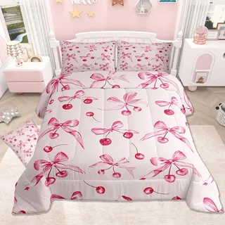 jejeloiu Kawaii Orientalisches Kirsch-Bettwäsche-Set, volle Größe, Mädchen, Prinzessin, Bettdecke für Jungen, Mädchen, Teenager, Schlafzimmer, Dekoration, Aquarell-Schleife, Bettbezug-Set, niedliches