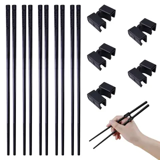 Leikedun 5-Paar Fiberglas Essstäbchen und Essstäbchen Trainer Helfer, Spülmaschinenfest, Rutschfeste, Schwarz, Sushi Chopsticks Aus Legierung(24cm), für Erwachsene und Kinder