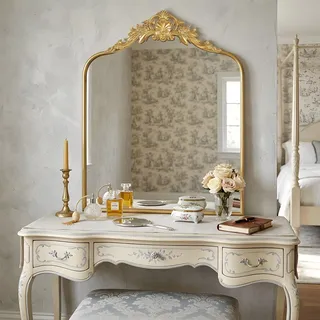 G-LEAF Wandspiegel Gold 60x80cm, Bogenspiegel mit Barock-Krone & Ornamenten, Vintage Wanddeko Spiegel für Badezimmer, Wohnzimmer & Flur, Antik-Stil Metallrahmen