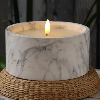 LED Kerze in Marmoroptik - Zement/Wachs - natürliche 3D Flamme - Timer - grau (XL Teelicht D:15cm)