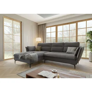 s-style möbel Ecksofa Egon mit Schlaffunktion und Bettkasten aus Grau Samt-Stoff mit hohen schwarzen Metallfüßen, B/T/H: 260 cm/ 168 cm / 91 cm, Ottomane links - Grau