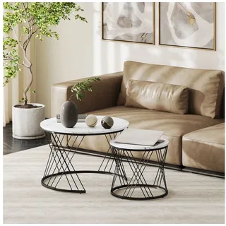 HOMCOM Couchtisch rund 2er Set Beistelltisch mit Marmoroptik, Metallrahmen (Wohnzimmertisch, 2-St., Satztisch), Kaffeetisch für Wohnzimmer Schlafzimmer Weiß weiß