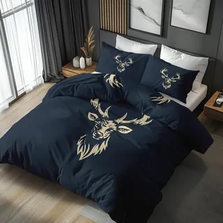 Generisch Hirsch Bettwäsche 200x220 Tierwelt Blau Motiv 3tlg, Weiche Mikrofaser Bettbezug & 2 Kissenbezüge 80x80, Wendebettwäsche für Schlafzimmer Deko, Geschenke (UM35)