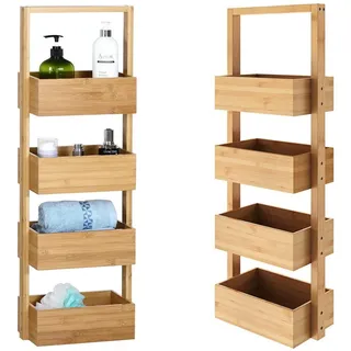 CASARIA Badregal mit 4 Körben Stehend Schmal Bambus Holz 88x16x28cm Ablagen Standregal Küche Badezimmer Küchenregal Korbregal Bad Regal Organizer