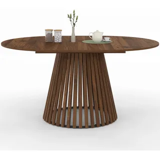 IDMarket - Esstisch, ausziehbar, rund, Carmen, 4-8 Personen, Fuß aus Nussbaum, Latten, Platte aus Nussbaum, 110 – 150 cm