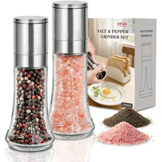 Salz- Und Pfeffermühlen Set 2er (120 Ml) – Manuelle Mühle Aus Glas Und Edelstahl Mit Keramikmahlwerk, Stufenlos Verstellbar, Ideal Als Salzmühle Für Grobes Salz, Modernes Design Für Küche Und Esstisch