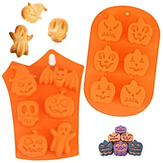 2 Stück Halloween Kürbis Silikon Backform, Kuchenform Keksform Muffinform, Halloween Geist Silikon Schokoladenform, Kürbis Fledermaus Schädel Geisterform Silikonform, für Küche DIY Backen(B)