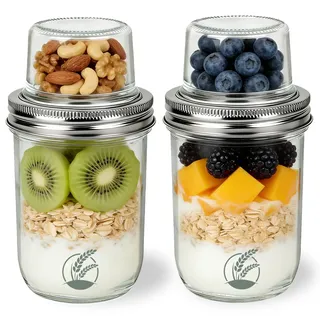 Artlyfe 2 Stück Müslibecher to go, 500ml+100ml Joghurtbecher to go, Doppelschicht Auslaufsicherer Overnight Oats Gläser, Glasbehälter mit Deckel für Müsli, Joghurt und Arbeit, Schule, Picknick