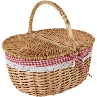 Stgfyxgs Weidenkorb für Picknick, Aufbewahrungskorb mit Deckel Und Griff, Geflochtener Korb für Outdoor Events, beige grau, Mittel