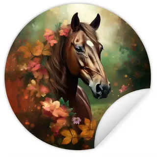 MuchoWow Wandsticker Pferd - Blumen - Natur - Tiere - Wald - Orange (1 St), Wanddeko Wohnzimmer Schlafzimmer Wandverkleidung, 50x50 cm bunt 50 cm x 50 cm x 0.1 cm