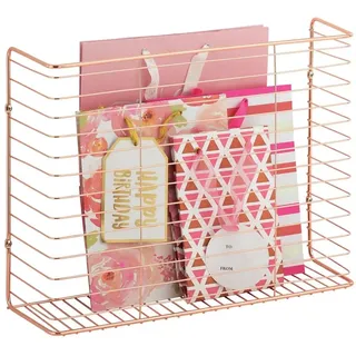 mDesign Wandregal für Zeitschriften und Bücher – stilvolle Ablage zur Wandmontage aus Metalldraht für Flur, Wohnzimmer und Büro – kompaktes Metallregal – rotgold