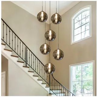 ZMH Pendelleuchte 1/3/4/6/10-flammig, Hängelampe mit Glaskugeln Ø 15 cm,G9 LED, Glaskugel Hochwertige Design, LED wechselbar, 6-Flammig Grau Esszimmerlampe Schlafzimmer grau