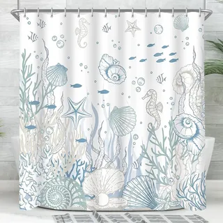 Lerores Duschvorhang 120x200cm Meeresboden, Antischimmel Textil, Beschwerter Saum Wasserabweisend, Waschbar Polyester Stoff Badevorhänge mit Ösen und 8 Duschvorhangringe für Badezimmer, Badewanne