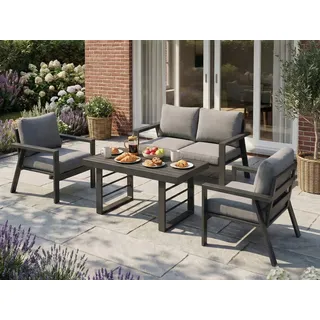 MeXo Gartenlounge-Set Gartenmöbel Set Aluminium 4 Personen Bequeme Lehne, (Garten Essgruppe, 76 cm Extra breite Sitze mit Ergonomische Rückenlehnen, 4-tlg., Esstisch 130x66x66cm), Wetterfest Balkonmöbel set, Dining Lounge, Tischplatte aus WPC grau