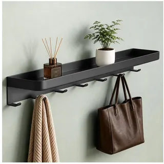 Mai & Mai Garderobenleiste Wandgarderobe mit Ablage Inkl.7 Garderobenhaken 50cm Reglo-20, Hakenleiste mit Ablage, Kleben oder Bohren, für Bad, Flur und Küche schwarz