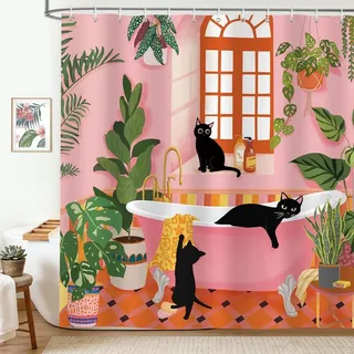 Lustiges Katzen Duschvorhang 180 x 200 cm Wasserdicht und Waschbar - Rosa