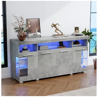 HAUSS SPOLE Sideboard Hochglanz mit LED Licht, Seitenschrank aus Glas mit 3 Fächern Grau (Beistelltisch Kommode, Anrichte, 1 St., 9 Fächern), mit LED Licht