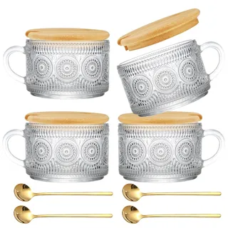 NSXIN 4er Latte Macchiato Gläser Set Kaffee Gläser, 450ml Glas Kaffeetasse mit Deckel und Löffel, Vintage Geprägter Glas Kaffeebecher für Tee, Milch, Cappuccino, Iced Americano (Sonnenblumen)