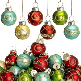 Watayo 24 Stück bunte Weihnachtskugeln aus Glas, 2,5 cm, Mini-Vintage-Glitzerkugel, hängende Ornamente für Baum, Rot, Grün, Gold, Blau, kleine Glaskugel, Baumdekoration für Weihnachten, Heimdekoration