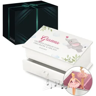 Maverton personalisierte Musik Schmuckdose mit Aufzieh-Spieluhr - Schmuckkästchen Ballerina - Musikspieldose für Mädchen zur Geburt - zum Geburtstag - zu Weihnachten - mit Schublade - Elefant